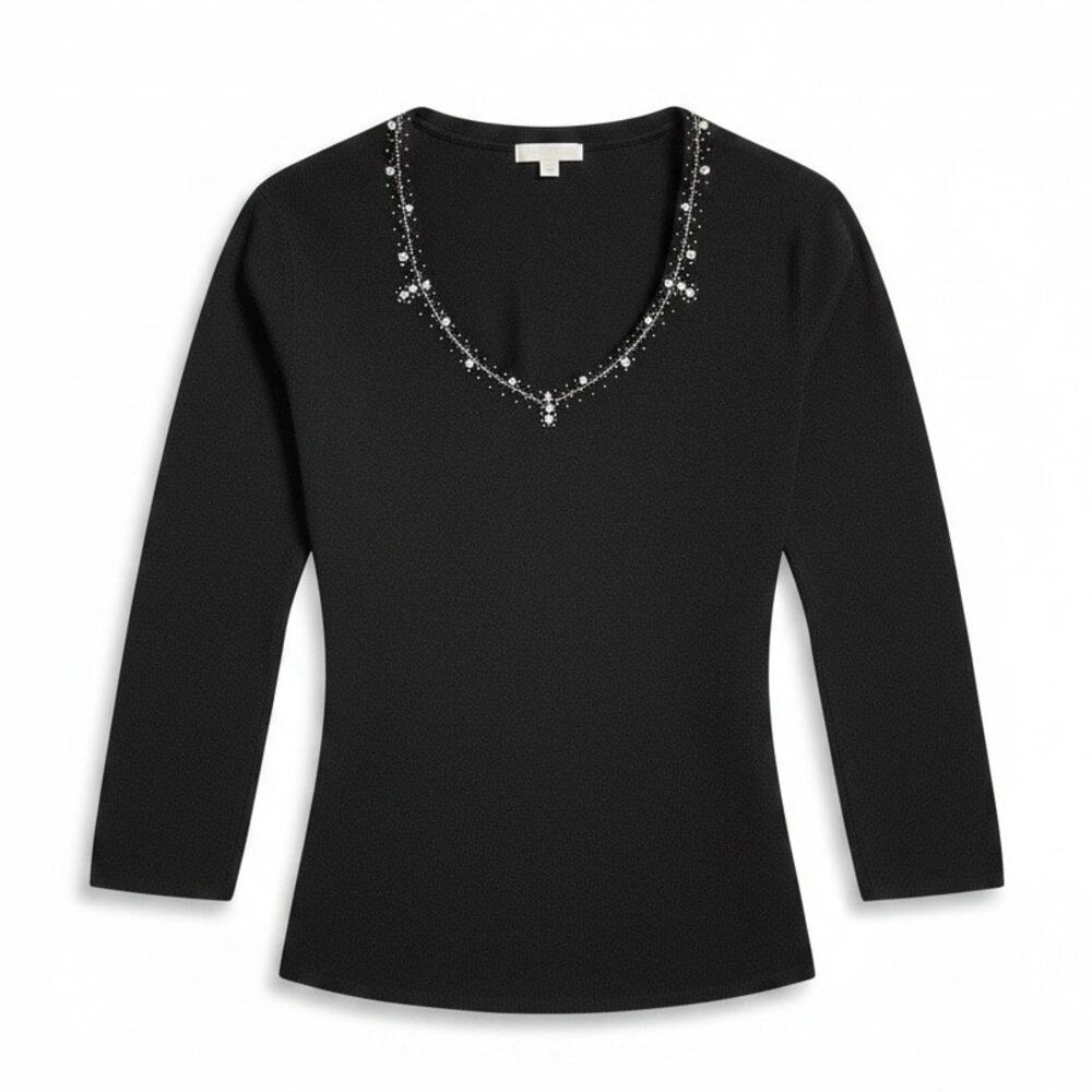 Dressbarn Black Sweater w/ Rhinestones & Clear beads Size Medium 3/4 Sleeve